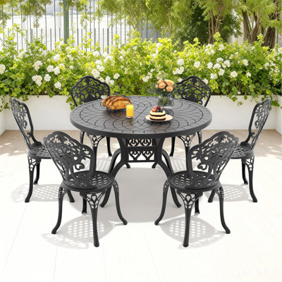 Ensemble de 7 pièces de mobilier de salle à manger en fonte d'aluminium toutes saisons avec cadre noir