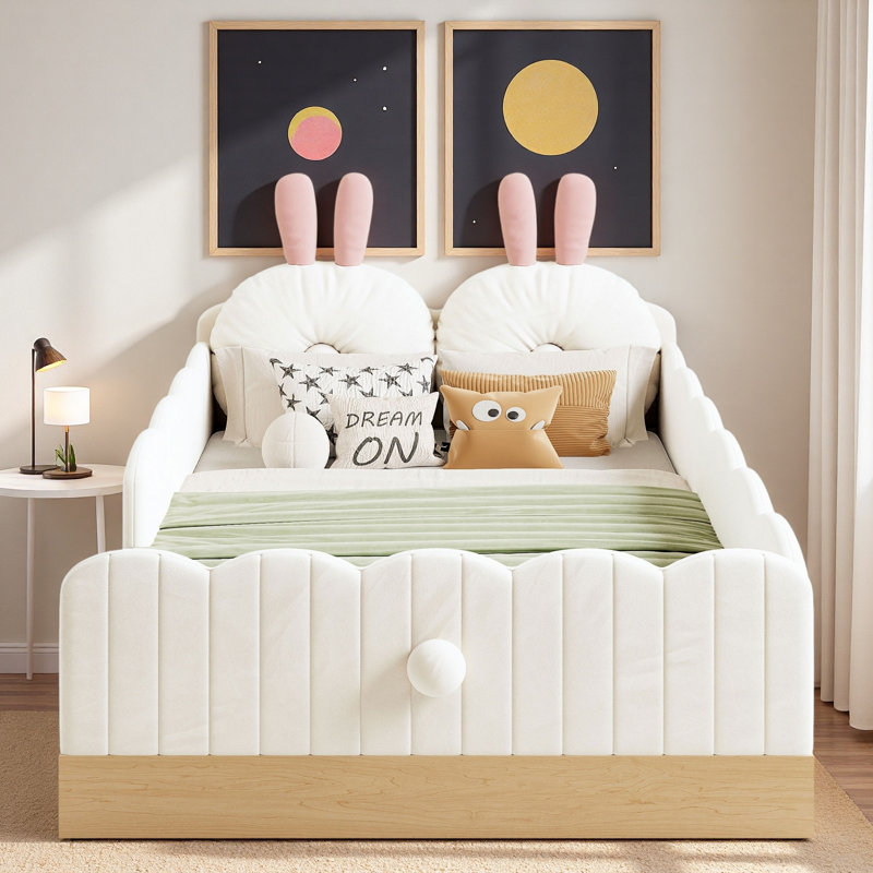 Upholstered Platform Bed With Animal-shaped Pillows And Storage Bags, Beige