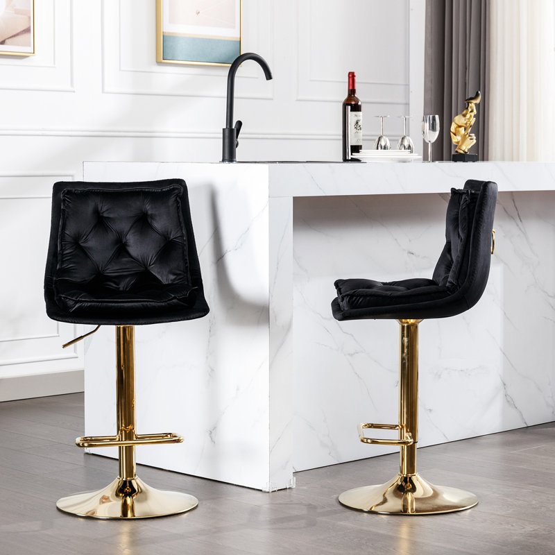 Of 2 Black Velvet Swivel Bar Stools, Base And Footrest, Adjustable Height With Mechanical Lift System 2pcs Chairs, Footrest Base, Attractive Design