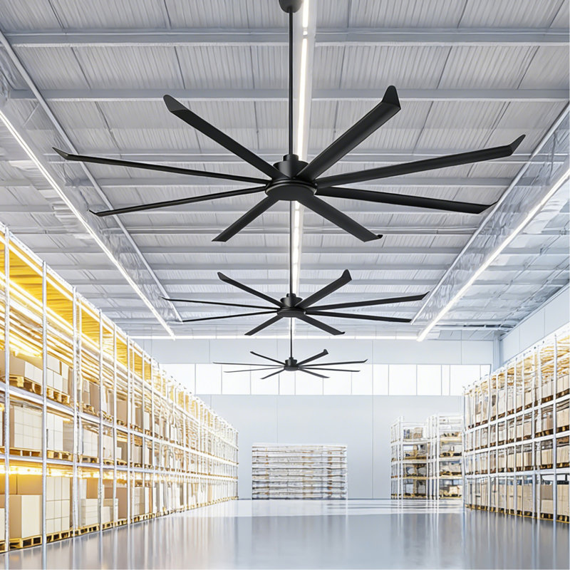 100 INCH Large Size Industrial PM DC Motor Ceiling Fan with 8 PCS Aluminum Blades ,6-Speed Remote Control, Adjust Height ( 3 Down rods) Commercial Ceiling Fan Without Light For Porch/Garage/Shop-BLACK