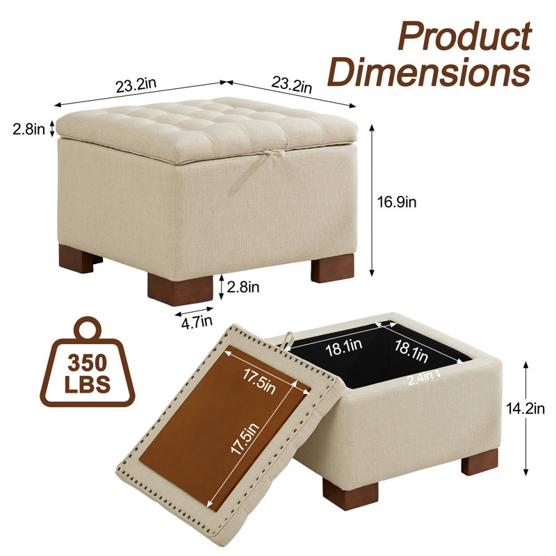 Repose-pieds de rangement carré capitonné de 23,2 po de largeur, Kaki, 16.9" H x 23.2" W x 23.2" D