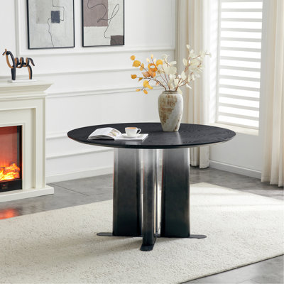 Table de salle à manger ronde en bois aggloméré noir, pieds en dégradé noir et blanc avec base en croix, table de cuisine compacte pour 2 à 4 personnes pour les petits espaces