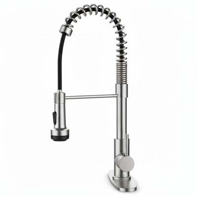 Robinet de cuisine commercial rétractable avec pulvérisateur à 4 fonctions, robinet d'évier à ressort à poignée simple en nickel brossé (plaque de pont incluse)
