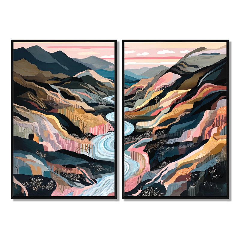 Vibrant Mountain Landscape II - paysages abstraits, impressions sur toile, 2 panneaux, H 36 po x l 48 po, Noir