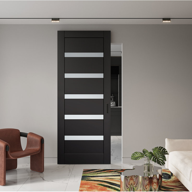 Porte de grange coulissante avec panneau de base et panneau de base Leora, 26 po x 82 po, Noir mat