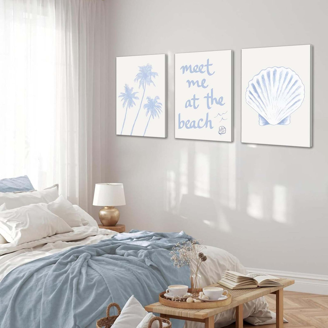 Framed Coastal Granddaughter Wall Art Set Of 3, Blue Shell Palm Tree Wall Decor Print Poster, Meet Me At The Beach Room Aesthetics Canvas Painting For