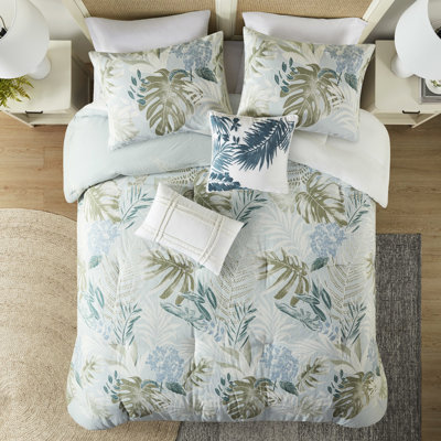 Édredon 6 pièces en coton avec coussin décoratif bleu à imprimé tropical pour un look bord de mer