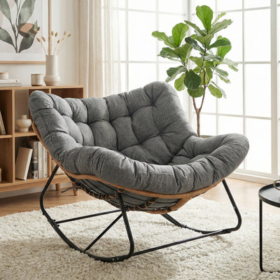 Indoor & Outdoor Papasan Rocking Chair, Oversized Padded Lounge Rocker With Cushion, Comfy Wicker Egg Lounge Chair, Large Indoor Rocking Recliner For Living Room/Porch/Garden(ottoman not included) (Dark Gray)