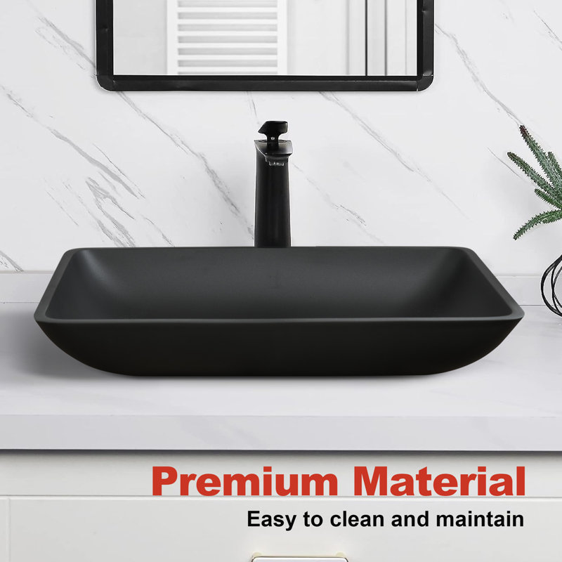 DEJIN 14'' Black Glass Rectangular Bathroom Sink