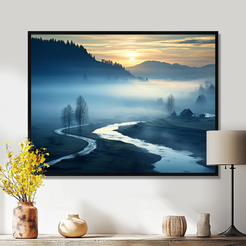 Brume matinale au-dessus de Forest River - rivière Mountain, art mural, Cadre flottant noir, bois massif, H 34 po x l 44 po