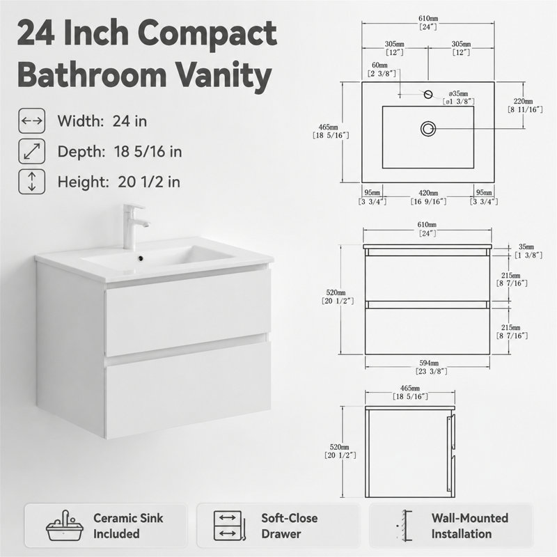 Meuble-lavabo mural suspendu de 24 pouces, Blanc