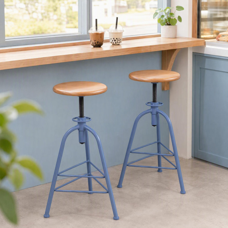 Tabouret de bar à hauteur réglable avec rotation à 360° et assise ronde en bois, structure en métal de style industriel, idéal pour îlot de cuisine, pub, café, bleu, ensemble de 2
