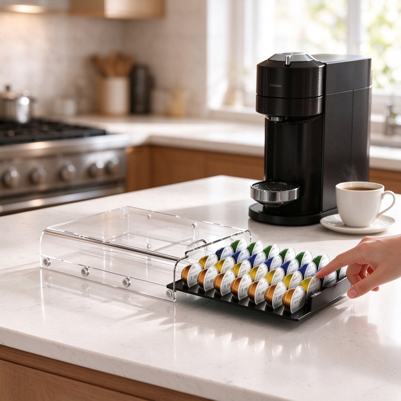 Porte-dosette pour dosettes Nespresso Vertuo, organisateur de tiroir à dosettes en acrylique transparent avec rouleau coulissant en douceur, rangement robuste