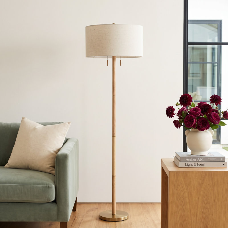 Geno 66.25 " Traditional Floor Lamp, Off-White, Natural/Antique Brass