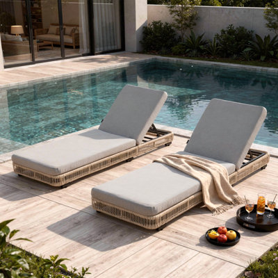 Ensemble de 2 chaises longues réglables près de la piscine avec corde tissée, coussin épais et structure en fer robuste pour la détente à la piscine, à la plage ou sur le patio Presley