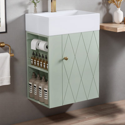 Bathroom Vanity With Ceramic Sink, Diamond Pattern Door Design, Gold Handle, Side Storage Shelves And Built-in Towel Bar