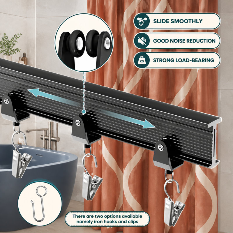 This black flexible ceiling-mounted curtain track measures 16.4 FT / 5 M; the curved sliding track can be used for room dividers, shower curtains, and wall dividers.