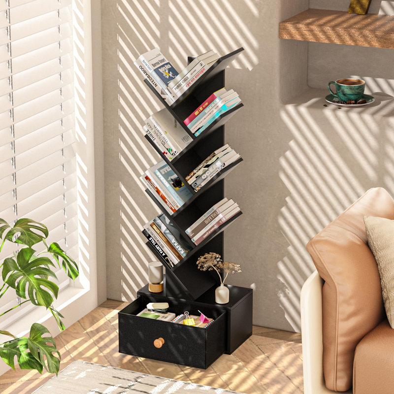 Bibliothèque à 8 niveaux avec tiroir, bibliothèque haute en bois avec conception anti-basculement, tablette de rangement peu encombrante pour la chambre à coucher, le salon et le bureau personnel