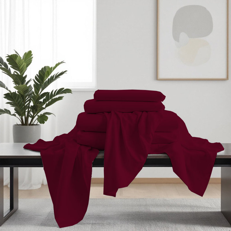 Ensemble de draps luxueux en microfibre de qualité supérieure, Bourgogne, Ensemble de draps pour très grand lit avec 4 taie