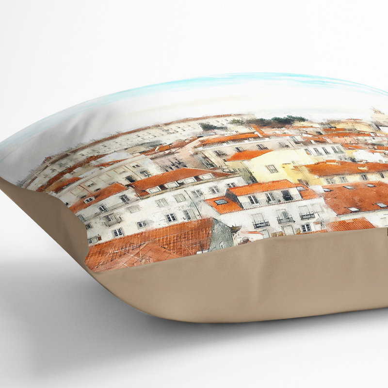Alfalma Lisbon Portugal Skyline Painting Cushion with Filling, 55cm H x 55cm W x 20cm D, Stone