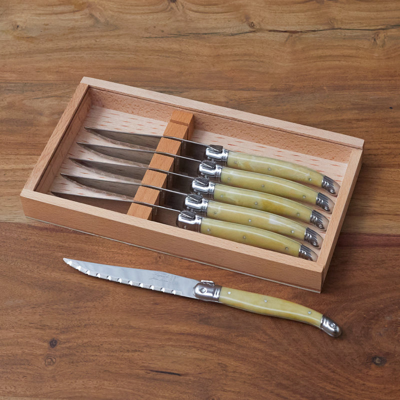 Ensemble de 6 couteaux à steak Laguiole, marbre noir dans une boîte en bois avec couvercle en acrylique, Tan