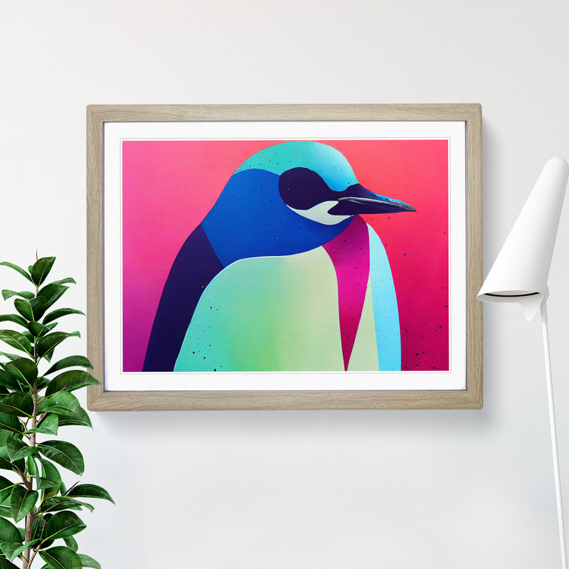 Abstract Penguin - Framed Print, 25cm H x 34cm W x 2cm D, Oak