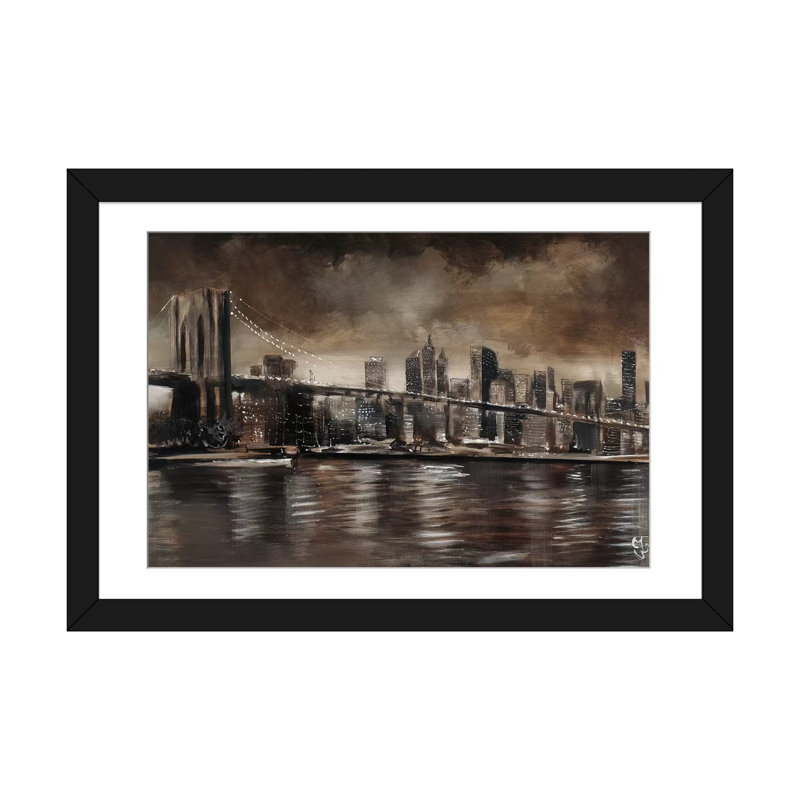 NY NY Brooklyn Bridge, impression sur toile, H 16 po x l 24 po x P 1 po, Papier d'art encadré noir, Blanc