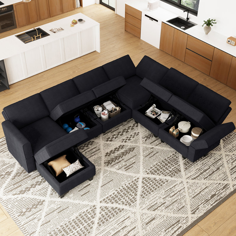 Nairoby Modular Corduroy Sectional with Storage , Black Corduroy