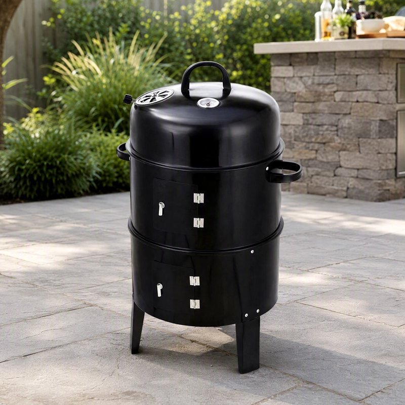 Barbecue au charbon de bois double couche d'extérieur, fumoir vertical au bois avec four à braiser, cuisson uniforme à 360° et faible dégagement de fumée, idéal pour la cuisine en plein air, sur la terrasse ou en camping.