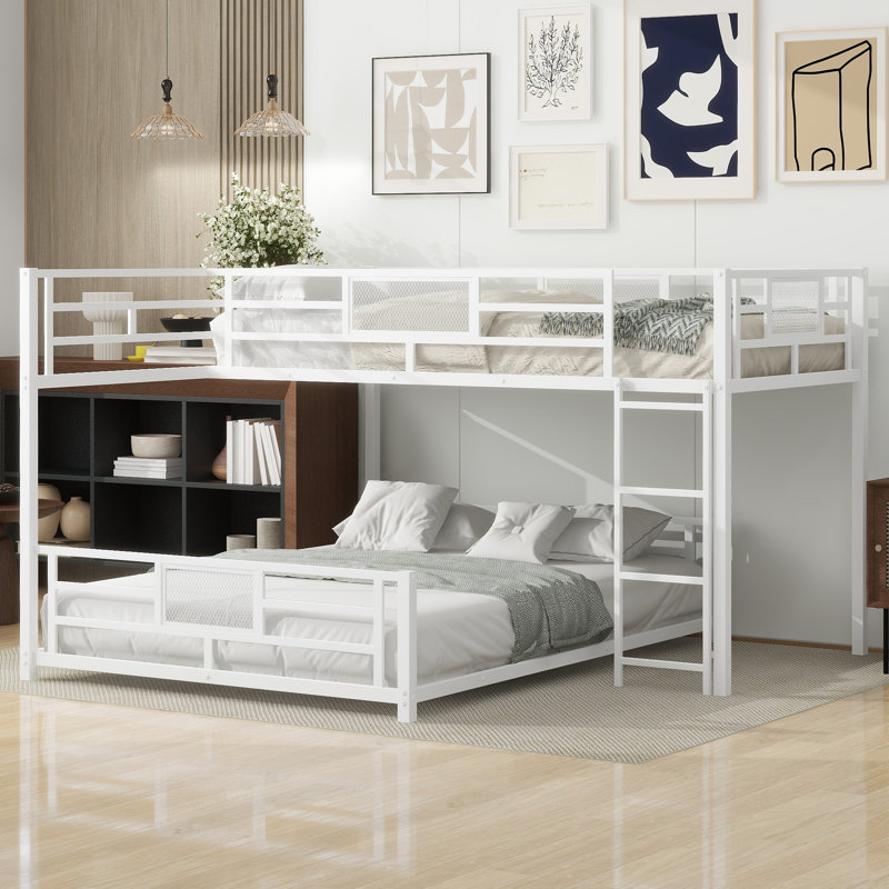 L Shape Twin Over Full Metal Bunk Bed, White