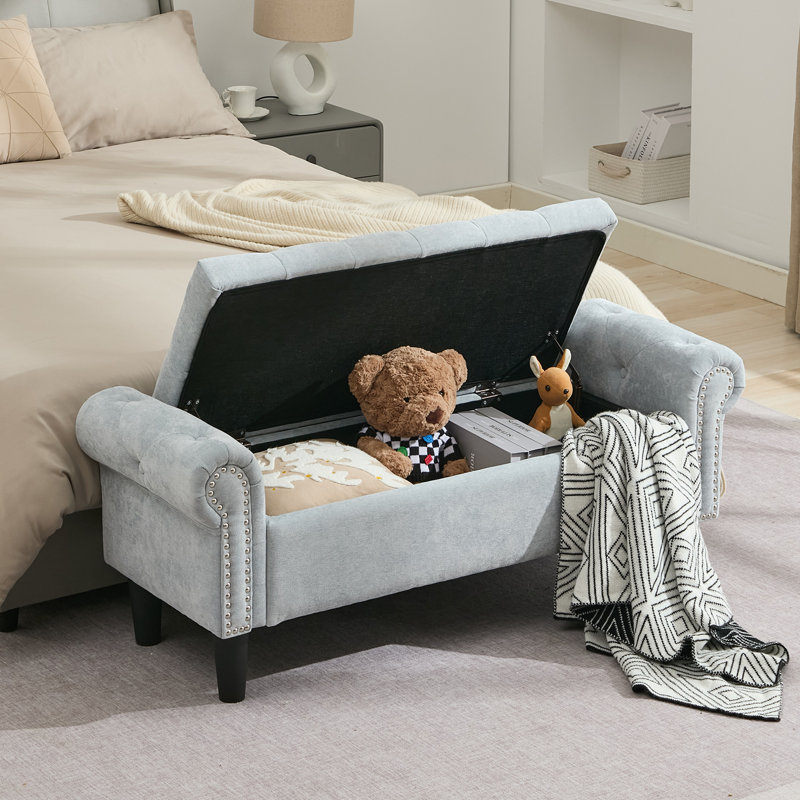 Elisama 49.6" W Chenille Tufted Storage Bench, Blue
