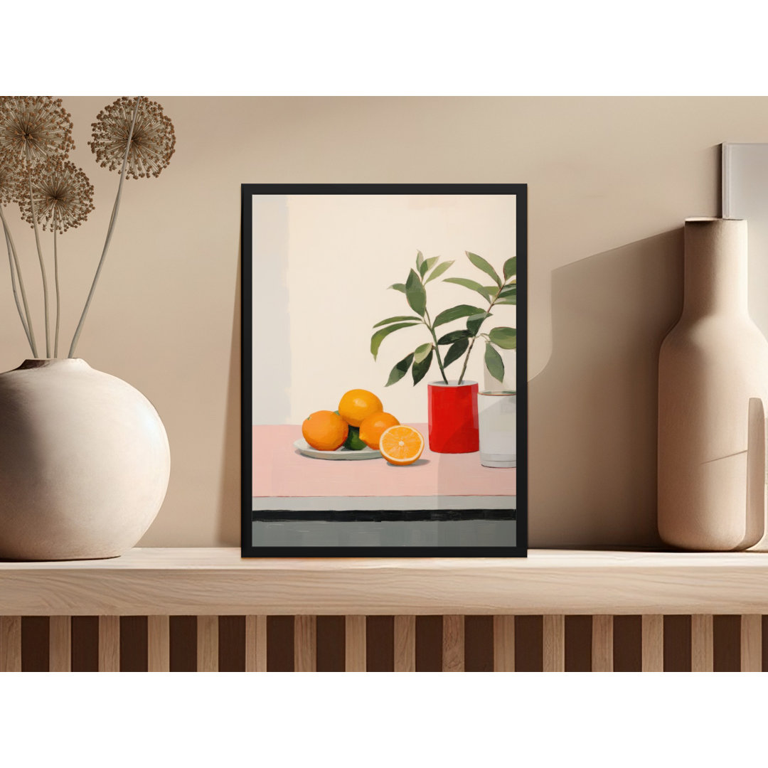 Oranges Plant Pot On Table Still Life Design Framed Poster