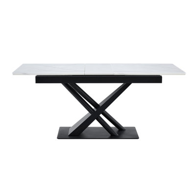 Modern Dining Table With Marble MDF Veneer Paper Tabletop And Geometric X-Frame Metal Spray-Painted Legs, Sturdy Metal Base For Contemporary Kitchen Or Dining Room (1 Table)