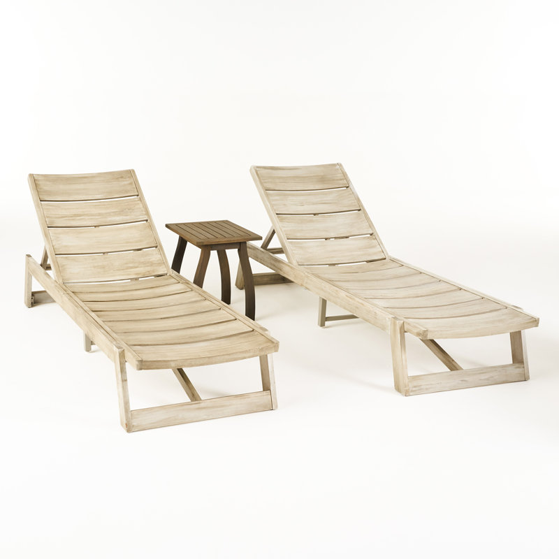 Encinal Outdoor Acacia Wood Chaise Lounge Set with Table, Light Gray Wash