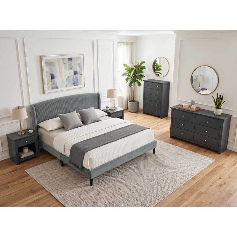 Ensemble de chambre à coucher Kayce 5 pièces, Gris foncé / Noir, 5 Pcs: Bed, 2 Dressers, 2 Nightstands, King