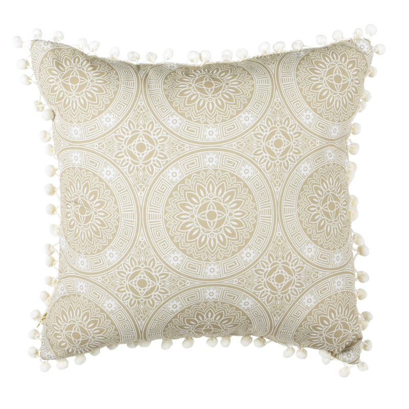 Beige and Gray Floral Medallion Pom Pom Pillow
