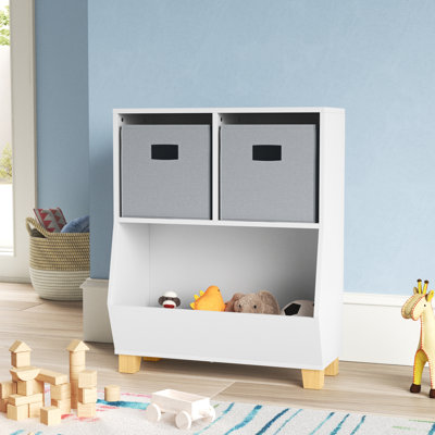Organisateur de rangement pour jouets 24 pouces avec 2 casiers et 2 compartiments de rangement RiverRidge Kids Catch-All - blanc avec 2 bacs en tissu