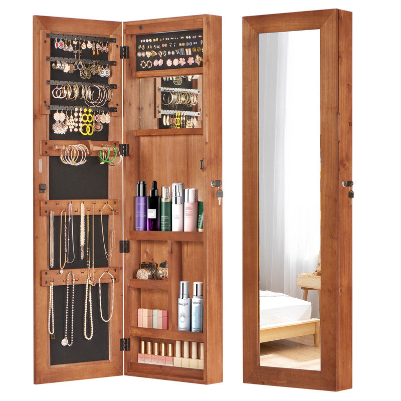Armoire à bijoux élégante avec miroir pleine longueur, lumières DEL et rangement verrouillable, Brun