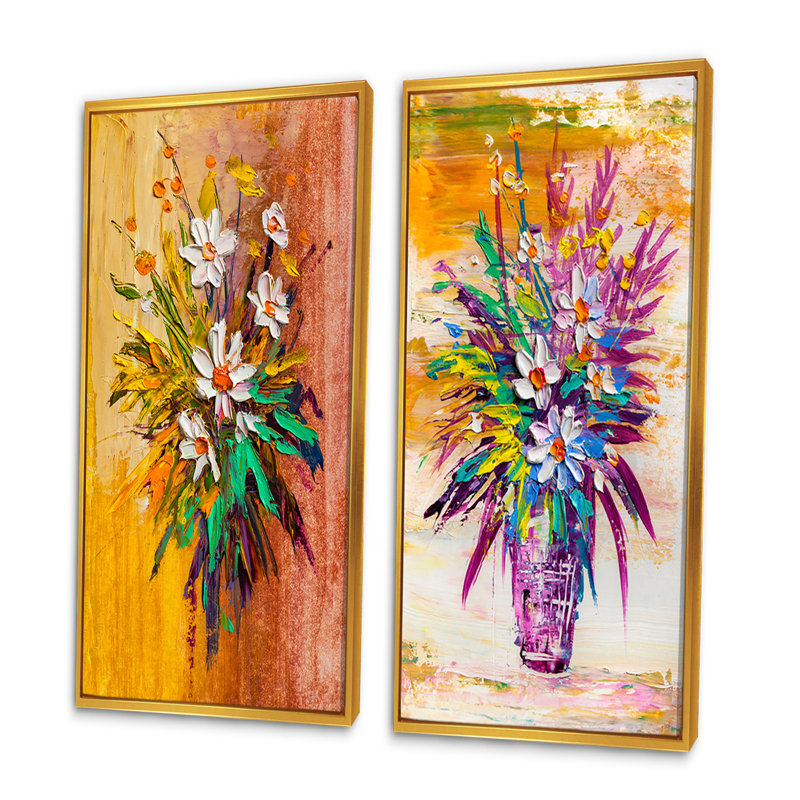 «Modern Bouquet of Daisy Flowers II», ensemble de 2 peintures sur toiles, H 40 po x l 40 po x P 1 po, Cadre flottant doré