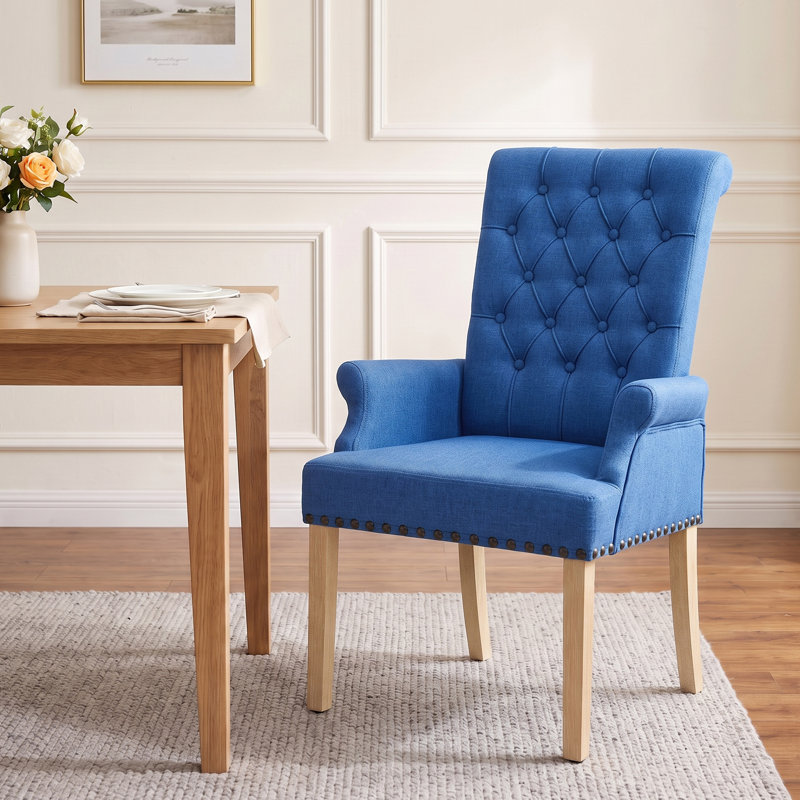 Amdad Tufted Upholstered Fabric Dining Chair with Arms, Dark Blue, Natural, Linen