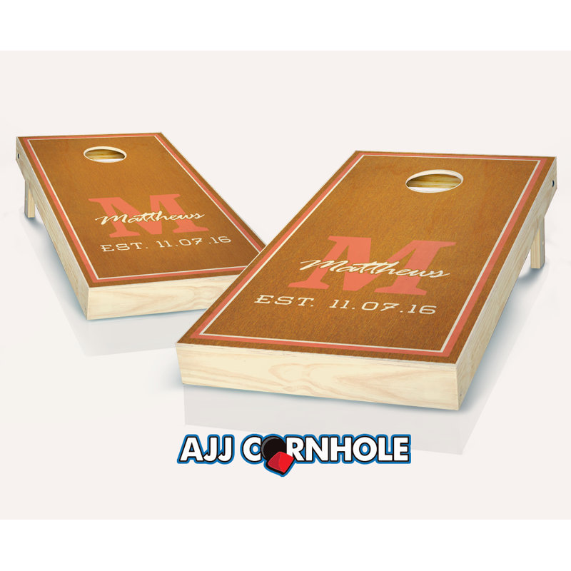 Ensemble de jeu de cornhole en bois massif teinté rose monogramme 2 pi x 4 pi avec sacs, Rouge/orange