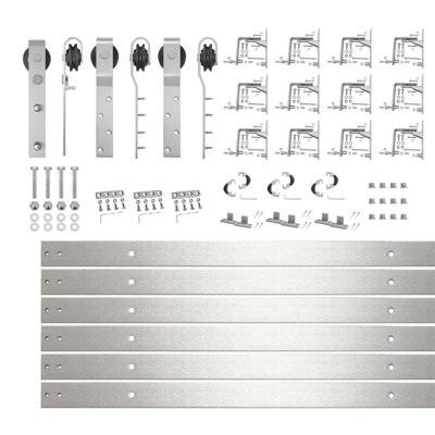 Brushed Nickel Triple Track Bypass Sliding Barn Door Hardware Kit (for Door Thickness 1-1/4in ~ 1-3/8in), Three 14ft Long Flat Tracks, for Three Interior Doors (Doors not Included）