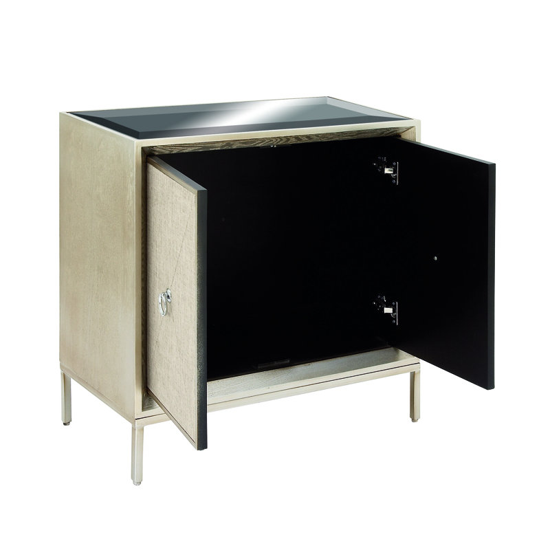 Armoire beige à 2 portes avec plateau en miroir et poignées anneaux