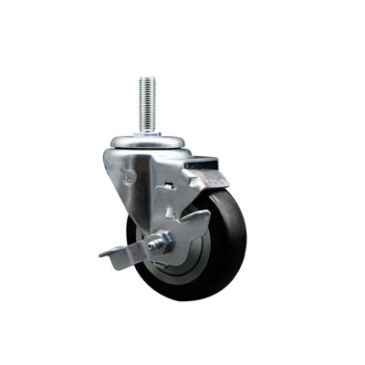 3.5 Inch_ Poly Wheel Swivel 3/4 Inch_Threaded Stem Caster with Brake