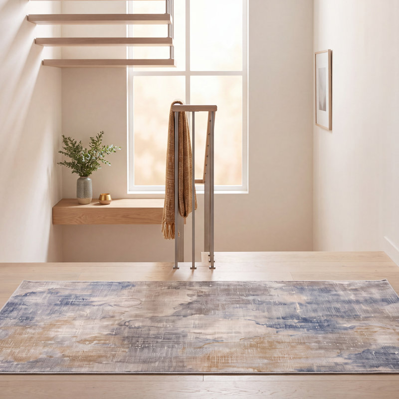 Tapis Cove moderne à poils courts, style aquarelle abstraite, bleu, gris, or, crème, ivoire, lavable à la machine, antidérapant, pour l'intérieur et l'extérieur, adapté aux animaux domestiques, idéal pour le salon, la chambre, la salle à manger, l'entrée, le couloir ou le bureau.