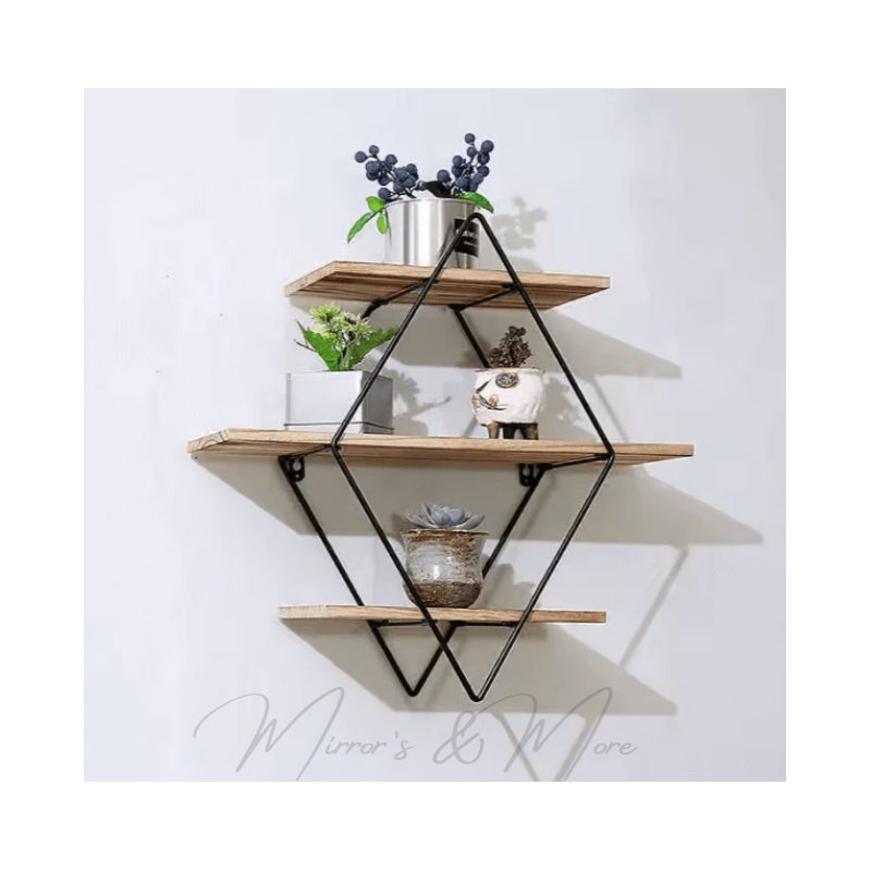 Diamond 3-tier Wall-mounted Shelf With Iron Frame And Wooden Panels – Modern Industrial Rustic Display Rack For Living Room, Bathroom, Bedroom, Or Office