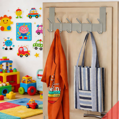 Crochets de porte robustes avec 6 crochets doubles, support de porte en acier inoxydable sans perçage pour serviettes, manteaux, robes, chapeaux et sacs, porte-serviettes peu encombrant pour la salle de bain et la chambre à coucher