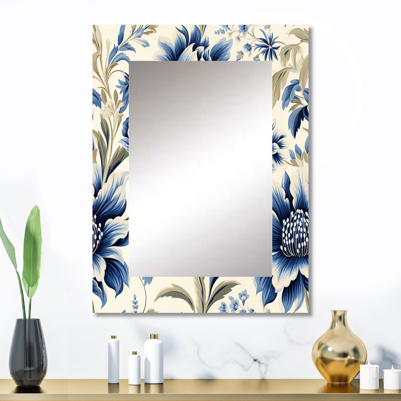 Blue Victorian Ikat Floral Harmony - Floral Mirror Wall Decor, 32" x 24"