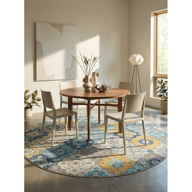 Tapis abstrait bleu / jaune moutarde Kymiere, Rond 7 pi 10 po