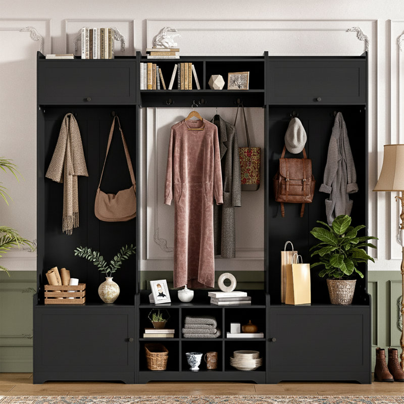 79'' W Extra-Wide Hall Tree Bench - 4-in-1 Entryway Storage, 8 Cubbies, Coat Hooks - Black, Black